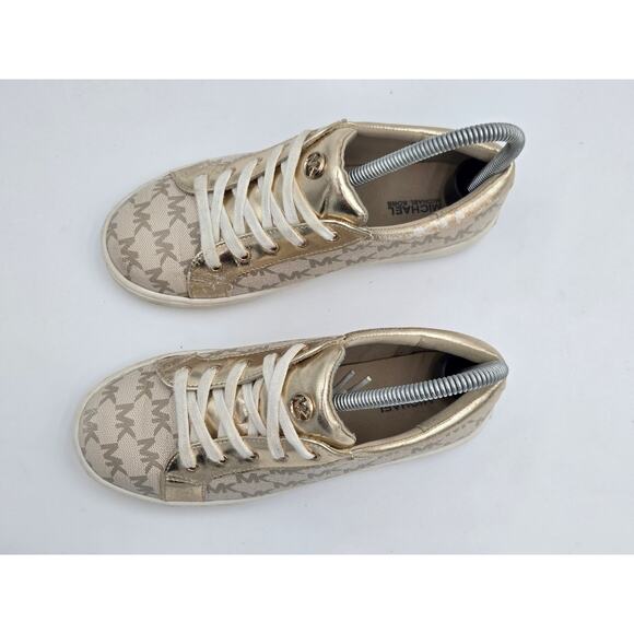 Michael Kors Girls Size 3 Jem Daley MK Monogram Gold Lace-Up Low Top Sneakers - Picture 2 of 8